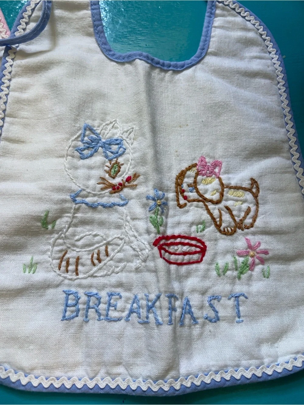 Embroidered Baby Bibs Vintage in Pink & Blue Trim with Bunny and Kitty and Puppy